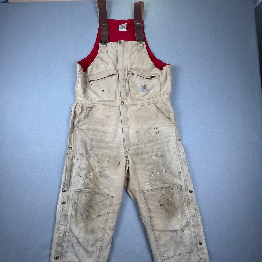Carhartt‎ Bib Overalls Mens 38x32 Tan Distressed Quilt Lined BRN Workwear Gorp